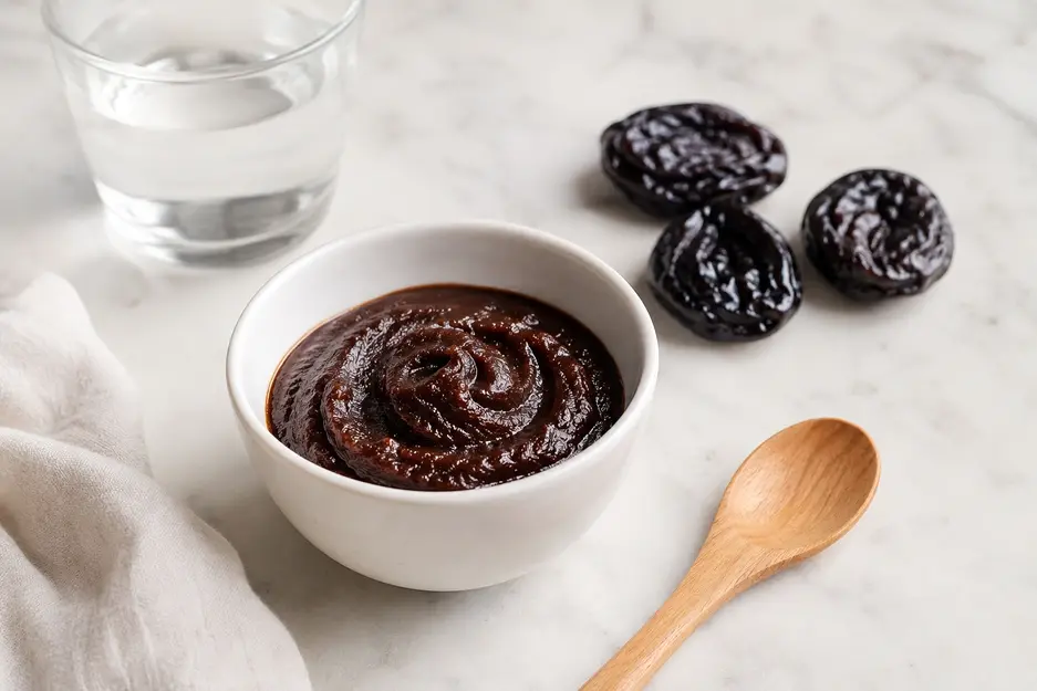 Prune puree for baby in a white ceramic bowl with dried prunes, wooden spoon and water on marble, a natural homemade baby food for constipation.