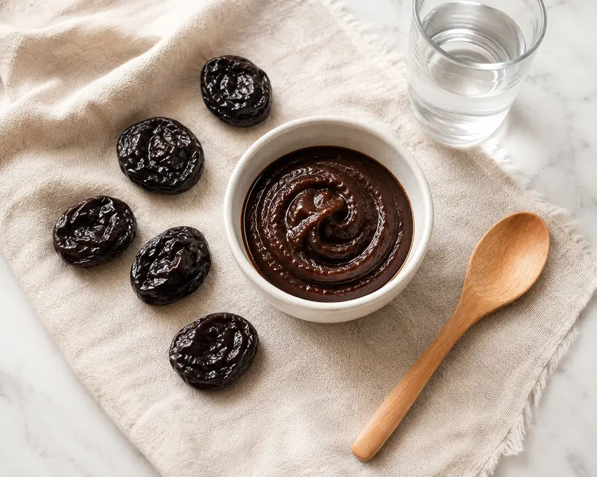 Prune puree for baby in a white ceramic bowl with five dried prunes, wooden spoon and water, styled naturally on soft linen.