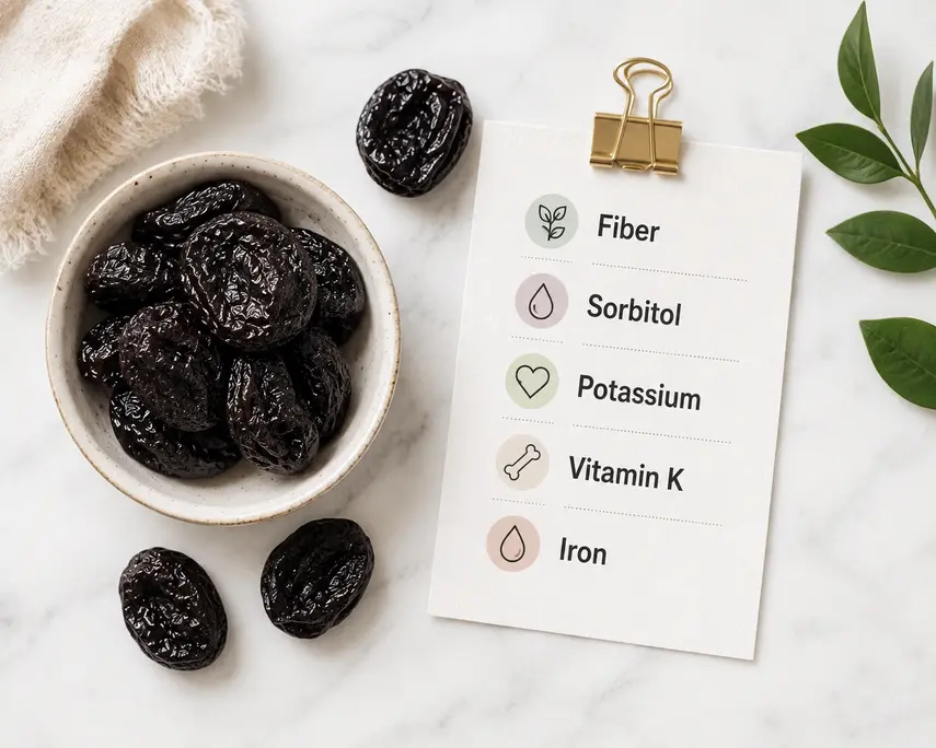 Dried prunes rich in fiber, sorbitol, potassium, vitamin K and iron, displayed in a bowl with a nutrition card on a clean white background.