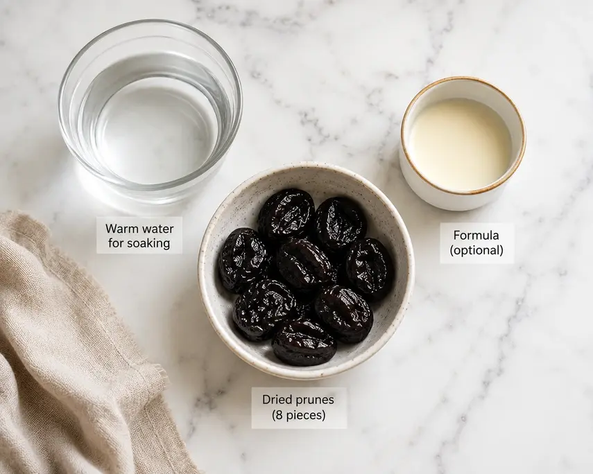 Prune puree for baby ingredients with eight dried prunes, warm soaking water, and formula arranged on a white marble surface.