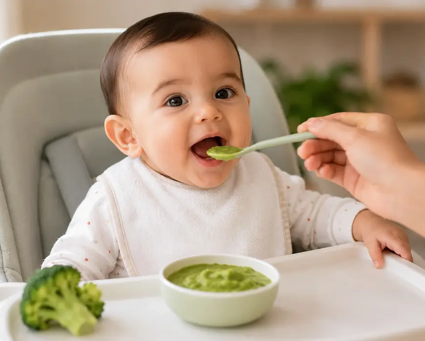 Happy 7-month-old baby eating broccoli puree in a high chair, a joyful first foods moment for a first-time mom feeding guide.