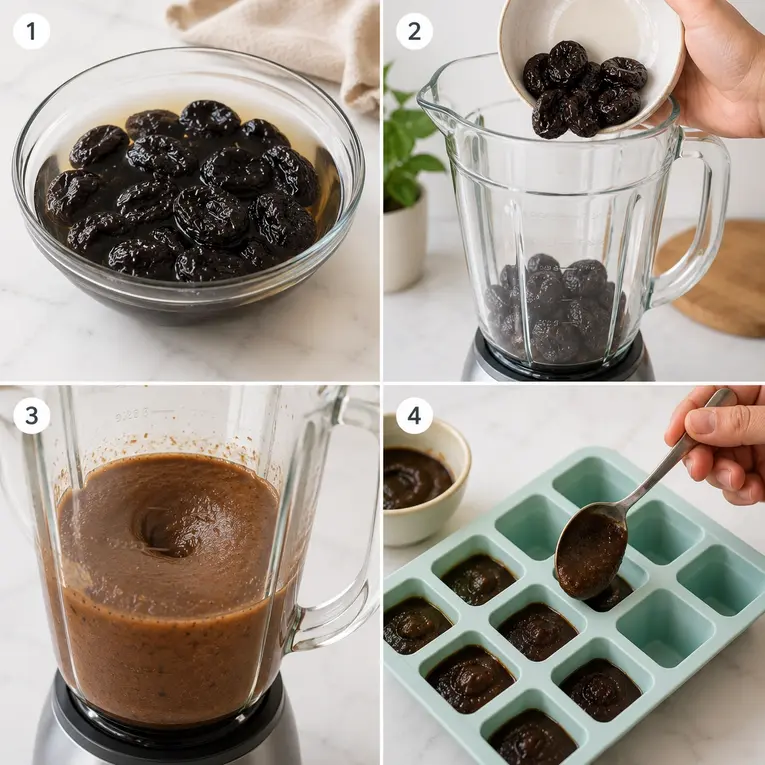 Prune puree for baby preparation showing dried prunes soaking, blending into smooth puree, and being portioned into a silicone freezer tray.