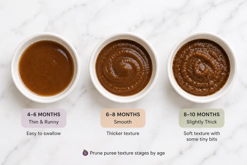 Prune puree for baby shown in three age-based textures: thin for 4β6 months, smooth for 6β8 months, and slightly thick for 8β10 months.