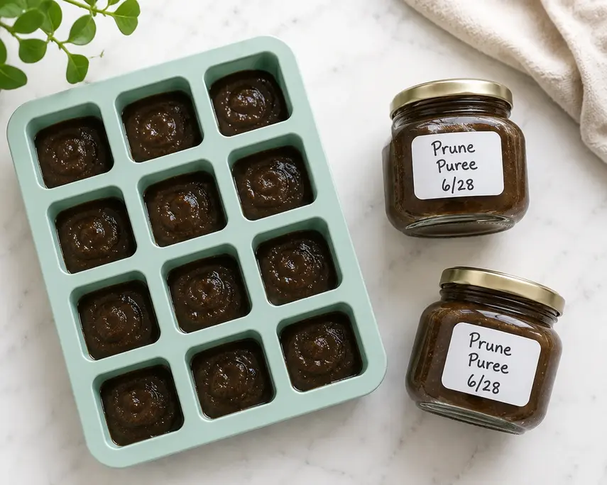 Prune puree for baby stored in a silicone freezer tray and labeled glass jars, showing a simple homemade baby food storage method.