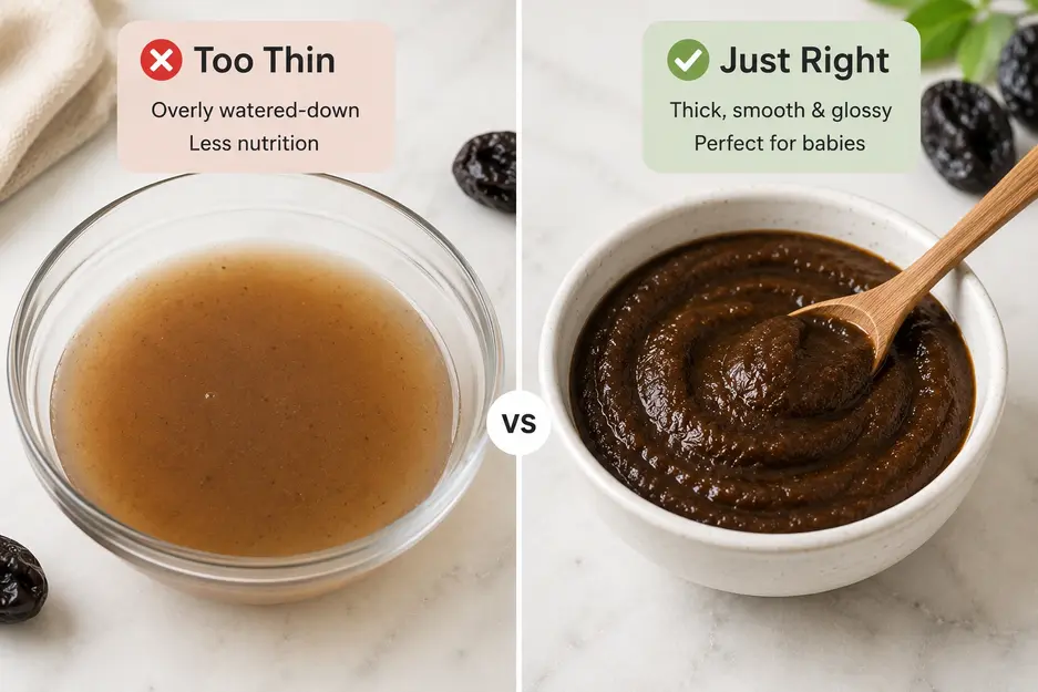 Prune puree for baby texture comparison showing overly thin, watered-down puree beside thick, smooth prune puree with a wooden spoon.