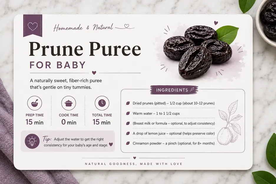 Prune puree for baby recipe card featuring dried prunes, simple ingredients, prep time and preparation details on a clean marble background.
