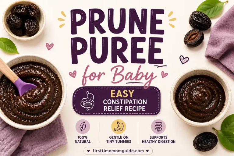 Prune puree for baby with smooth homemade prune puree, dried prunes and an easy constipation relief recipe featured in a baby food graphic.