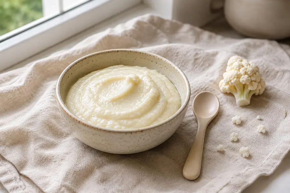 Cauliflower puree for baby served in a cream ceramic bowl with a baby spoon and fresh cauliflower in a naturally lit home kitchen.