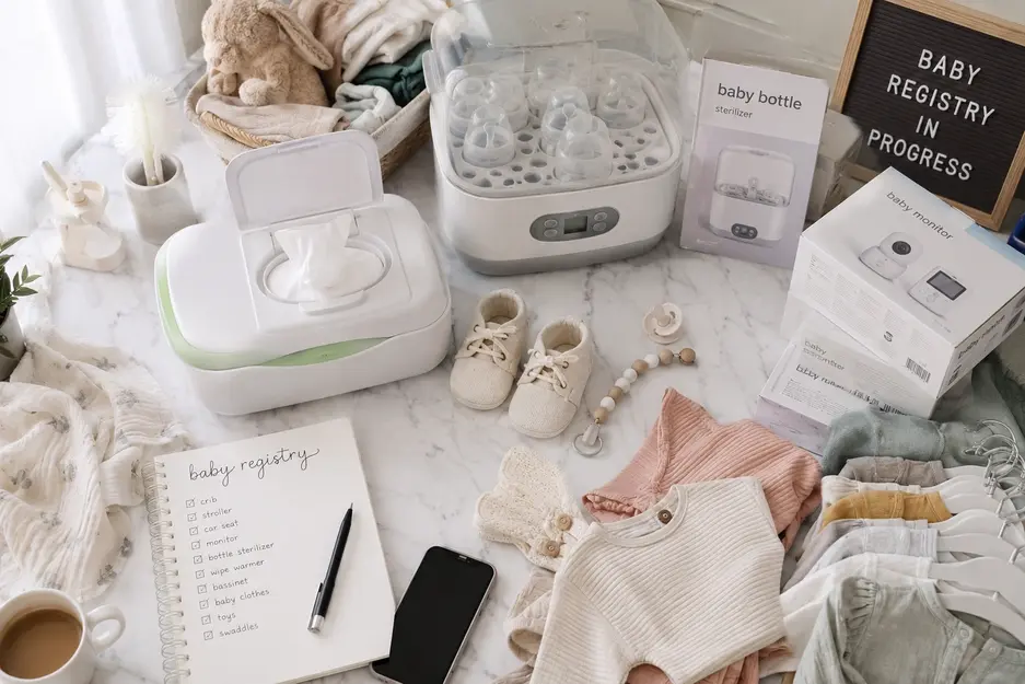 Flat lay of baby items you don't need, including a wipe warmer, bottle sterilizer, baby shoes, and registry essentials.