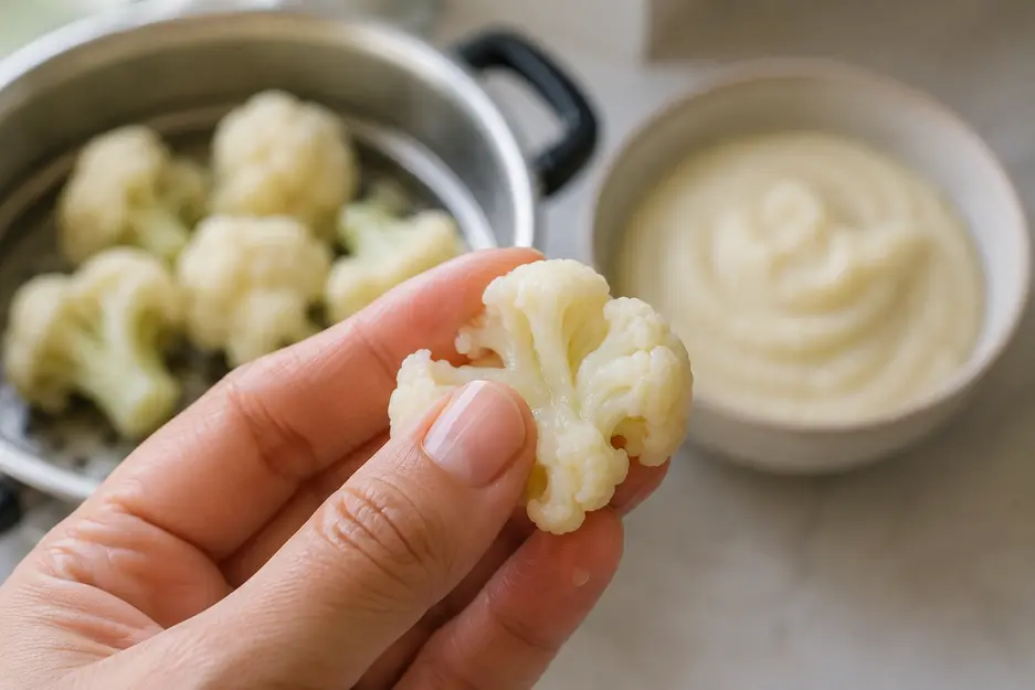 Soft steamed cauliflower floret being gently pressed to show its texture, with cauliflower puree for baby in a bowl in the background.