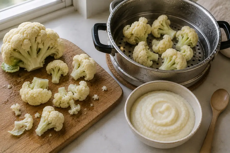 Cauliflower puree for baby shown with fresh cauliflower and soft steamed florets, illustrating the simple preparation process from vegetable to smooth puree.
