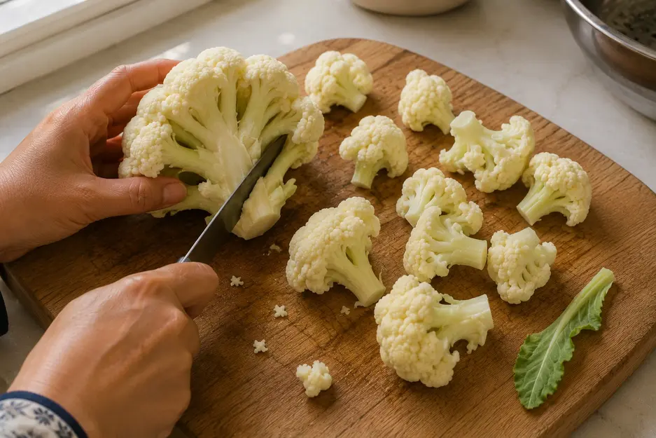 Cutting fresh cauliflower into florets for cauliflower puree for baby on a wooden board in a naturally lit home kitchen.