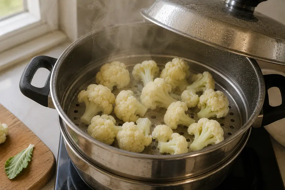 Steaming cauliflower florets for cauliflower puree for baby in a stainless-steel steamer, with soft natural kitchen light and visible steam.