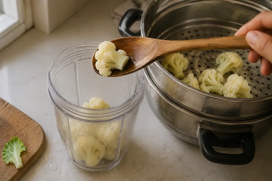 Steamed cauliflower florets being transferred into a blender to make cauliflower puree for baby in a naturally lit home kitchen.
