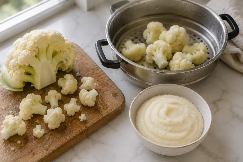 Adding a small amount of liquid to steamed cauliflower in a blender to make smooth cauliflower puree for baby in a naturally lit kitchen.