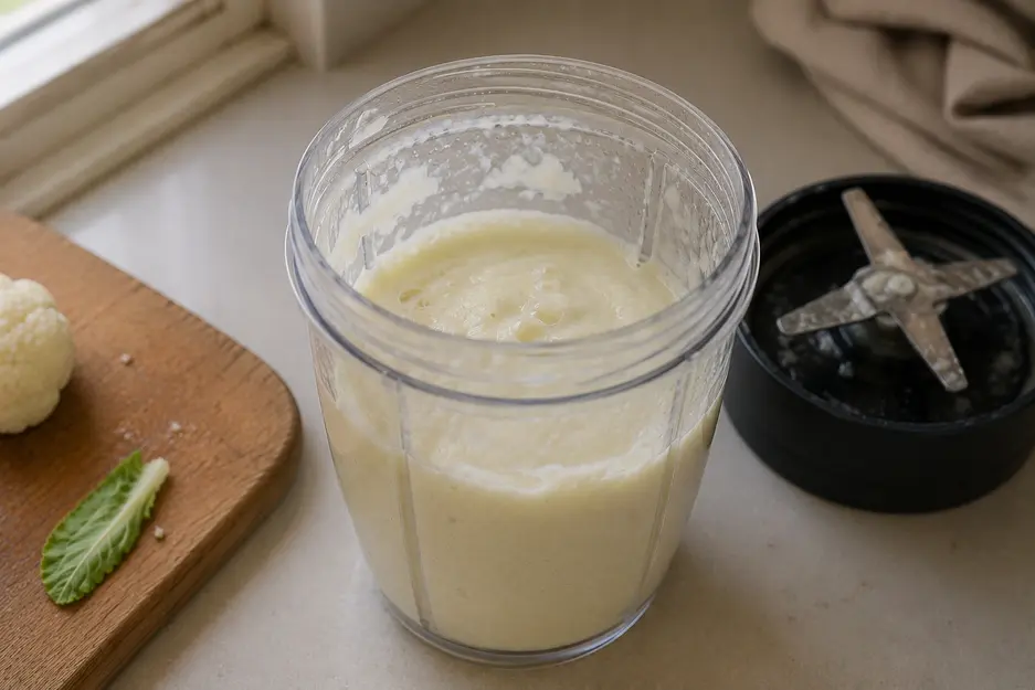 Blended cauliflower puree for baby in a clear blender cup, showing a smooth homemade texture with tiny air bubbles in soft natural kitchen light.