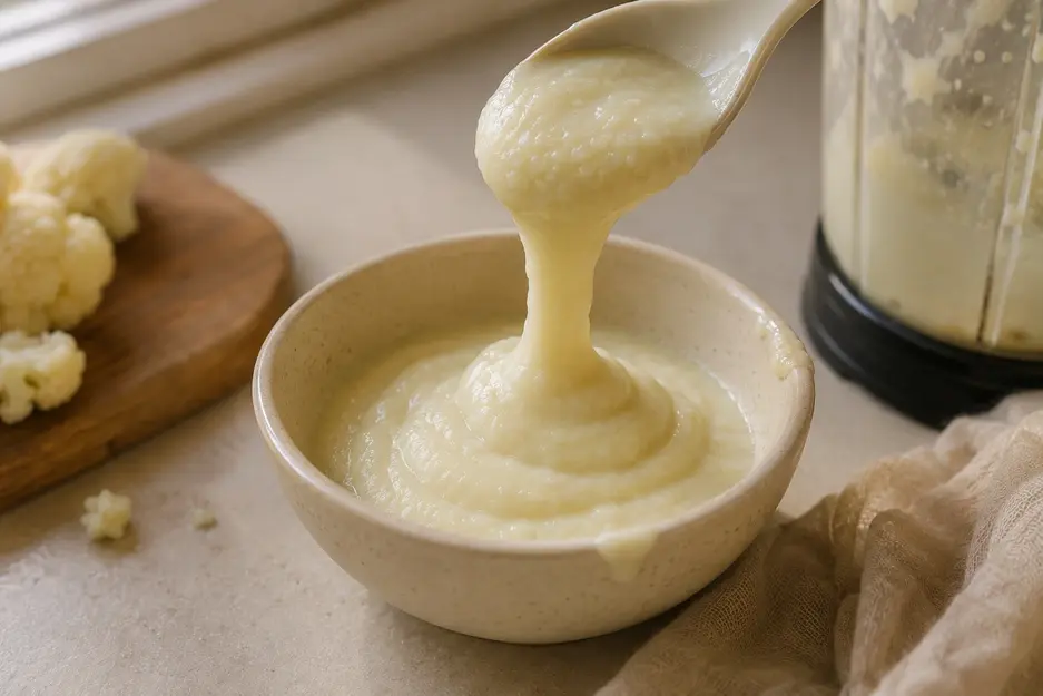 Cauliflower puree for baby dripping from a spoon into a cream ceramic bowl, showing its smooth homemade texture in soft natural kitchen light.
