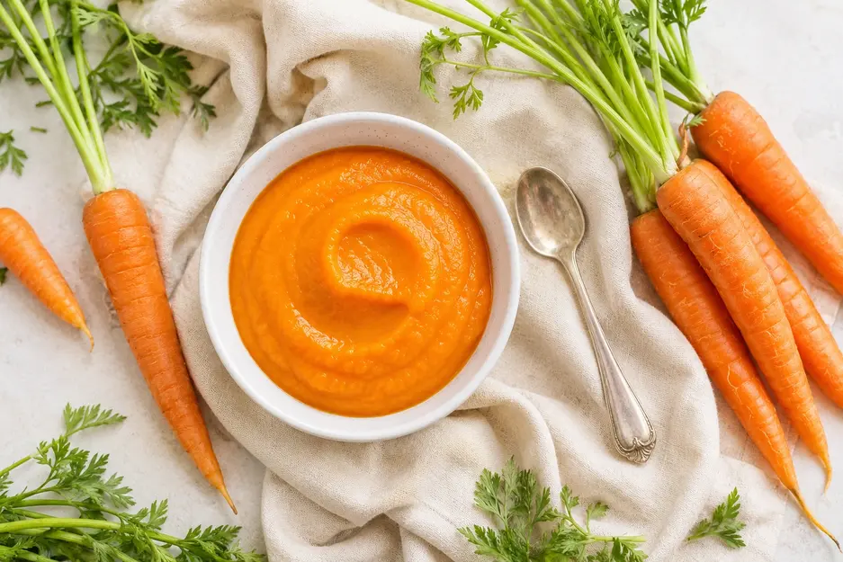 Carrot puree for baby served in a white bowl with fresh carrots, green tops and a silver spoon on cream linen in natural light.