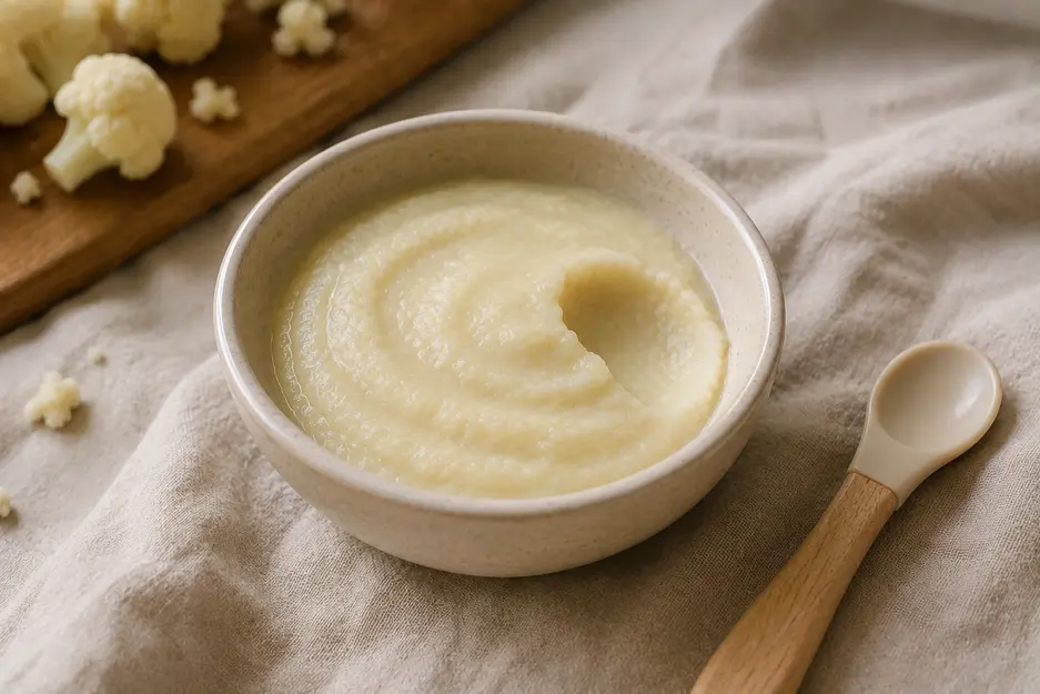 Finished cauliflower puree for baby in a cream ceramic bowl with a baby spoon, showing a smooth homemade texture in soft natural kitchen light.