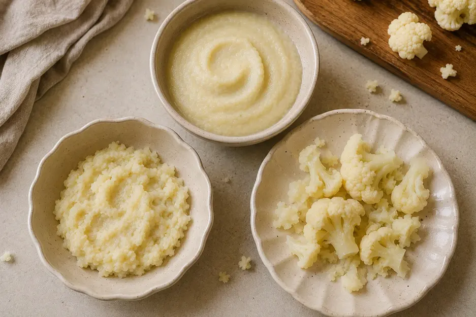 Cauliflower puree for baby shown in three textures: smooth puree, thicker mashed cauliflower, and soft steamed florets on a natural kitchen surface.