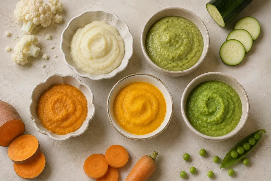 Cauliflower puree for baby shown with homemade zucchini, sweet potato, carrot and pea purees in ceramic bowls with fresh vegetables.
