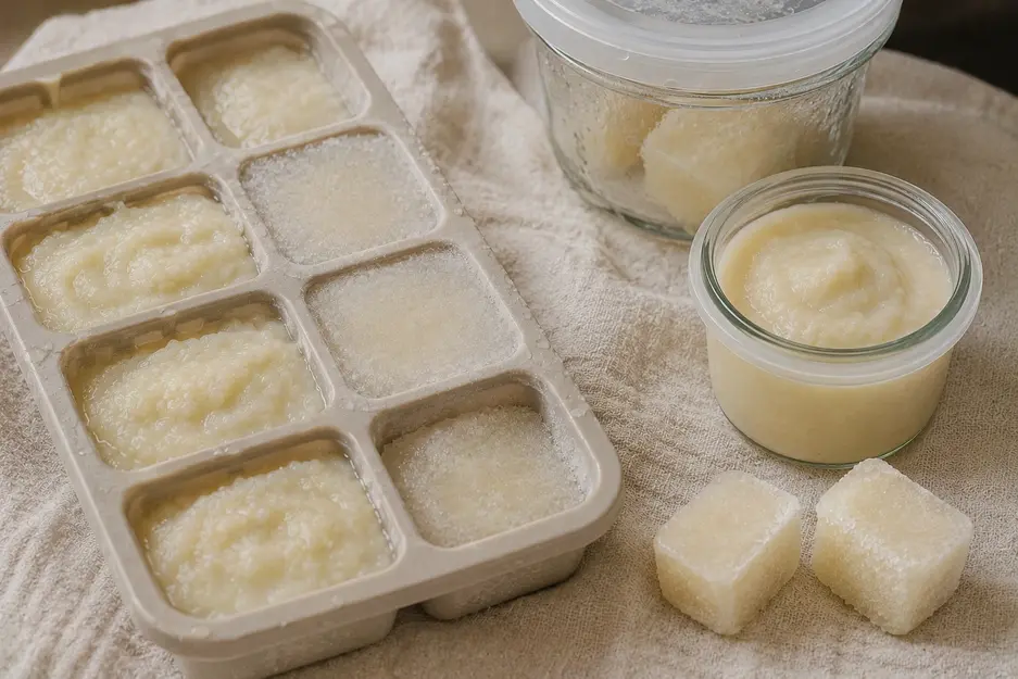 Cauliflower puree for baby portioned in a freezer tray, with frozen puree cubes and glass containers for easy homemade baby food storage.