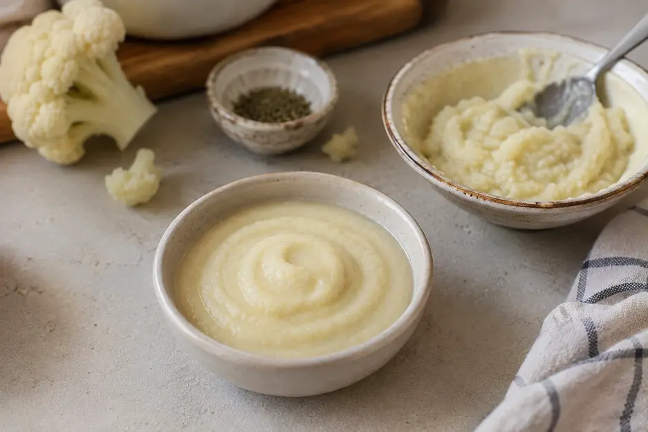 Cauliflower puree for baby shown with smooth and thicker textures, steamed cauliflower and a mild herb in a naturally lit home kitchen.