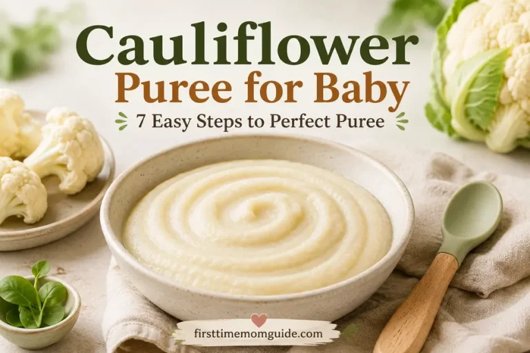 Cauliflower puree for baby in a cream ceramic bowl with fresh cauliflower and a baby spoon, featuring an easy 7-step first food recipe.