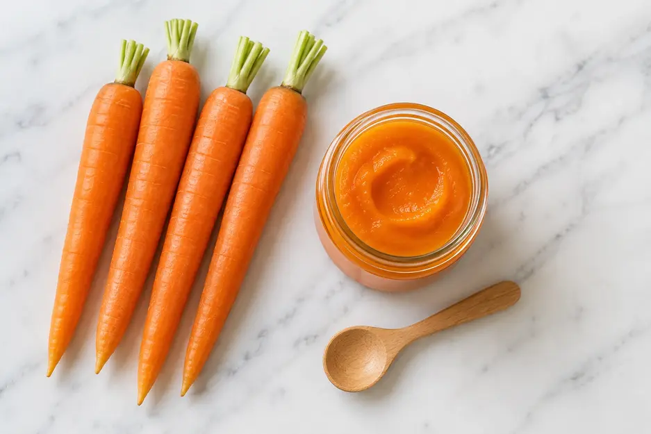 Carrot puree for baby in a glass jar with four fresh carrots and a wooden spoon on white marble in soft natural light.
