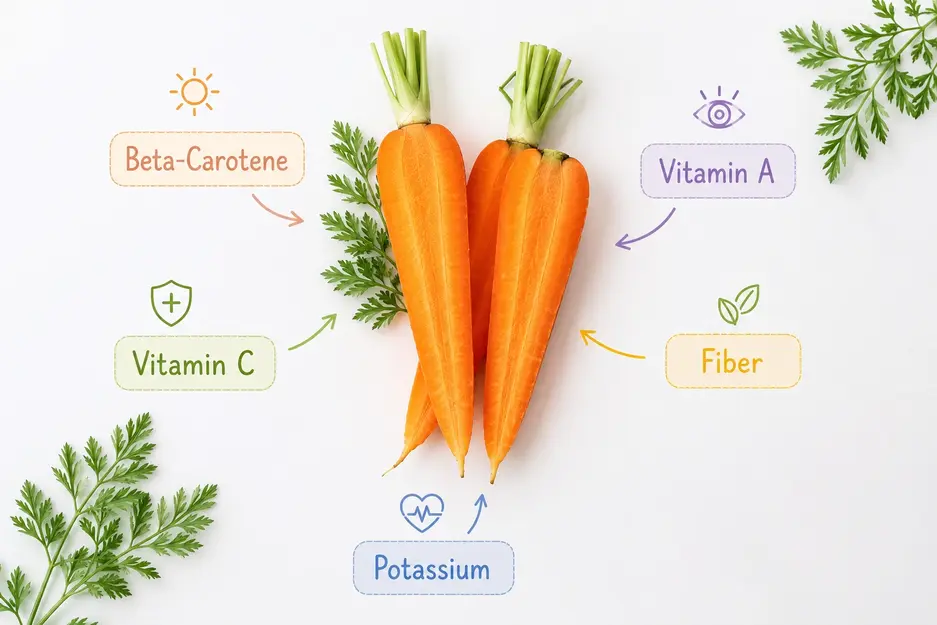 Fresh carrots highlighting beta-carotene, vitamin A, vitamin C, fiber and potassium, key nutrients found in carrots for baby puree.