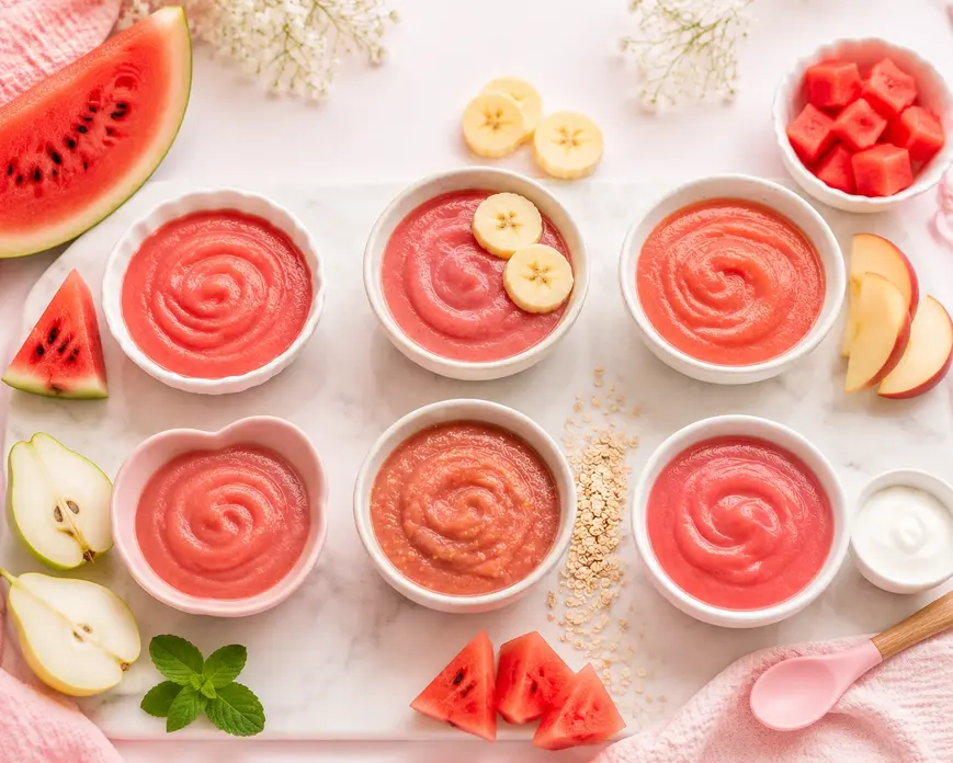 Watermelon puree for baby with banana, yogurt, pear, and oats combinations in pastel bowls, a healthy summer first food for 6 month old babies.