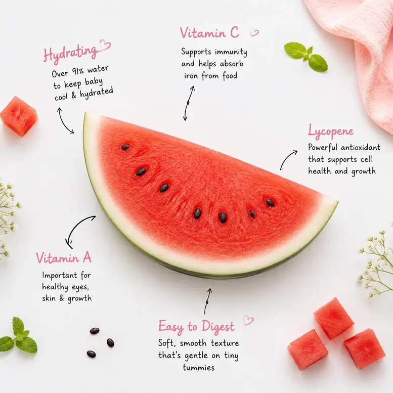 Watermelon benefits for baby showing hydration, vitamin C, vitamin A, lycopene, and easy digestion in a bright summer fruit nutrition flat lay.