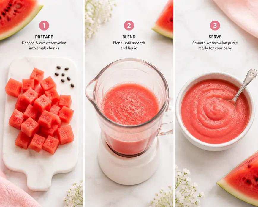 Step-by-step watermelon puree recipe for baby showing fresh chunks, blending process, and smooth pink puree with spoon for first foods.