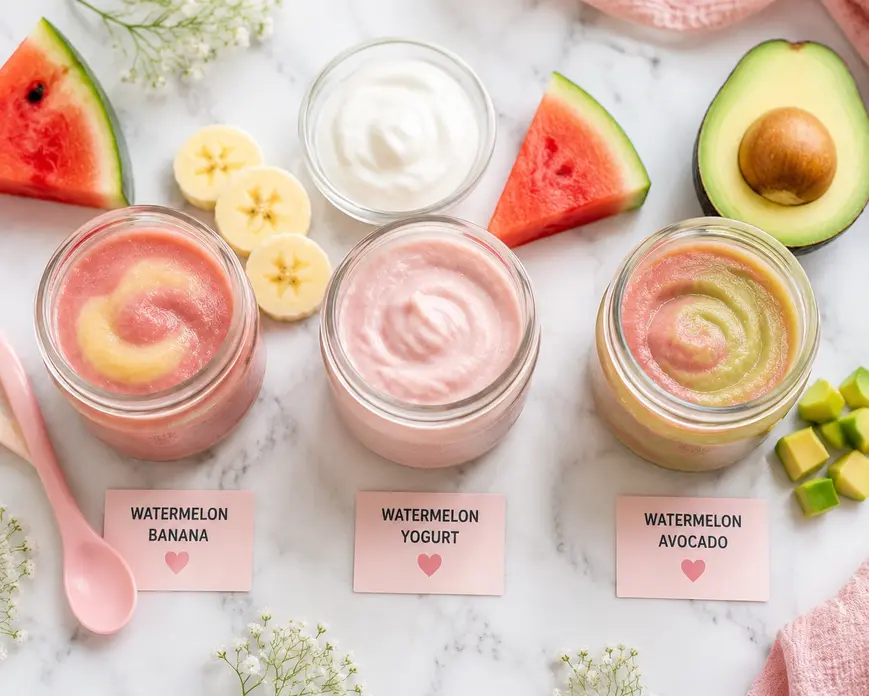 sWatermelon puree combinations for baby with banana, yogurt, and avocado blends in glass jars, healthy thickening ideas for 6 month old first foods.