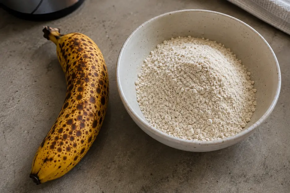 Banana oat pancakes for baby ingredients showing a very ripe spotted banana beside a bowl of finely blended oat flour on a natural kitchen countertop.