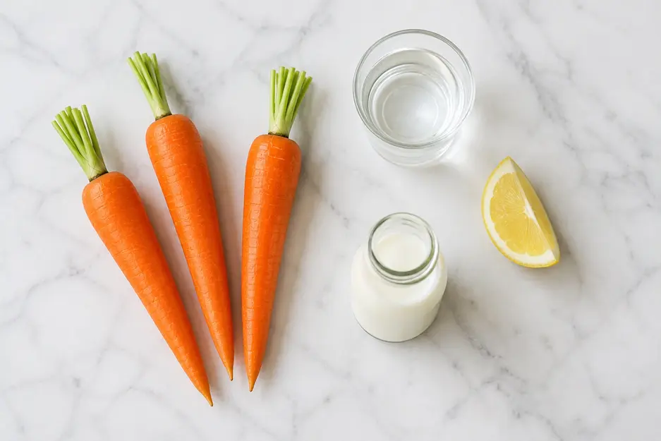 Fresh carrots with water and milk on white marble, showing simple ingredients used to make smooth homemade carrot puree for baby.