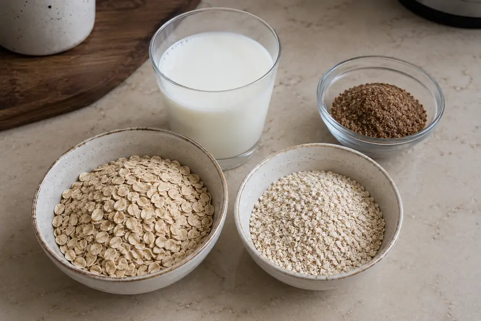Banana oat pancakes for baby ingredients showing rolled oats, quick oats, ground flaxseed, and a glass of milk arranged naturally on a kitchen countertop.