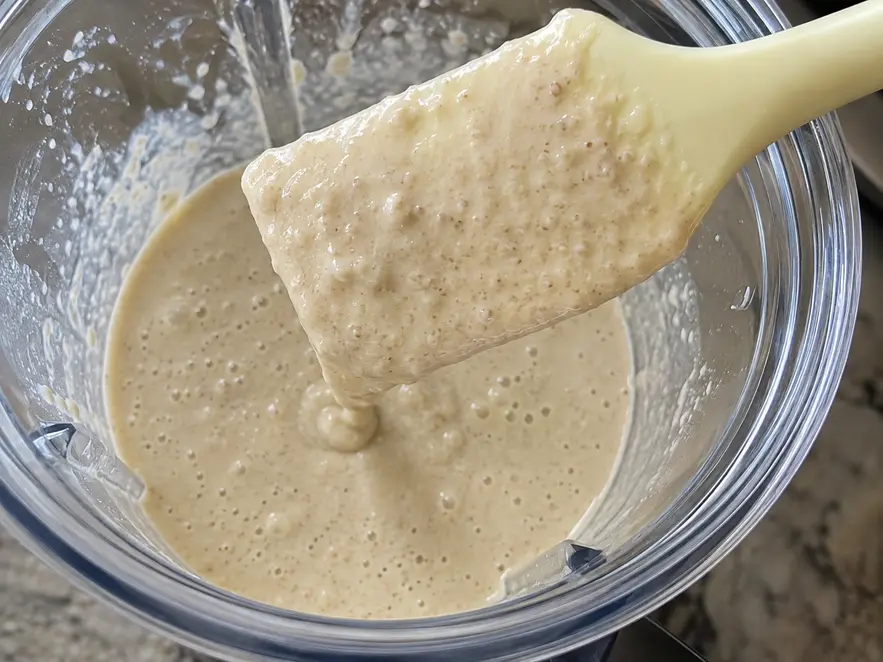 Banana oat pancakes for baby batter blended until smooth, showing a thick beige mixture with tiny oat specks dripping from a silicone spatula inside a blender.