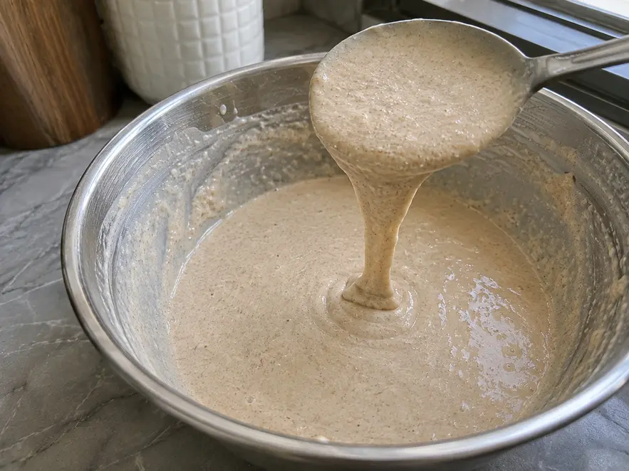 Banana oat pancakes for baby batter falling from a spoon into a mixing bowl, showing a thick ribbon consistency with tiny oat specks in natural kitchen light.