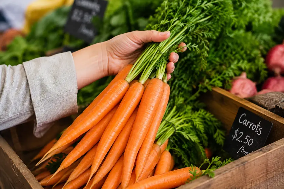 Hand selecting fresh, firm carrots with green tops at a farmers market, showing how to choose quality carrots for homemade carrot puree for baby.