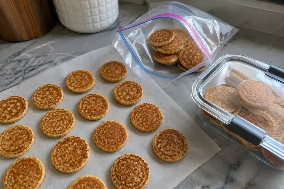Banana oat pancakes for baby cooled on parchment paper beside an open freezer-safe bag and airtight container, showing a practical homemade storage setup.