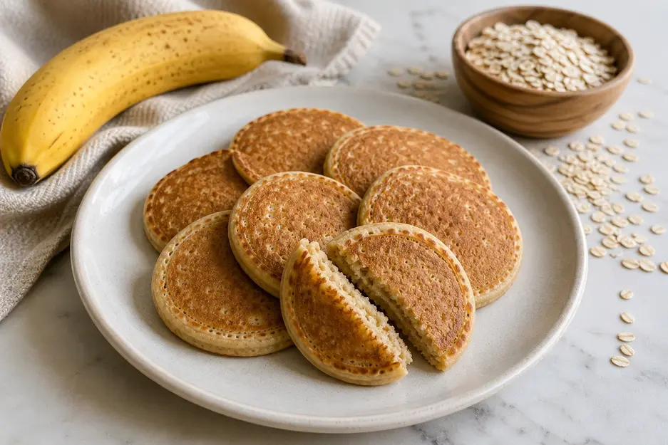 Banana oat pancakes for baby served on a cream plate, with one pancake broken open to show the soft center, alongside a ripe banana and rolled oats.