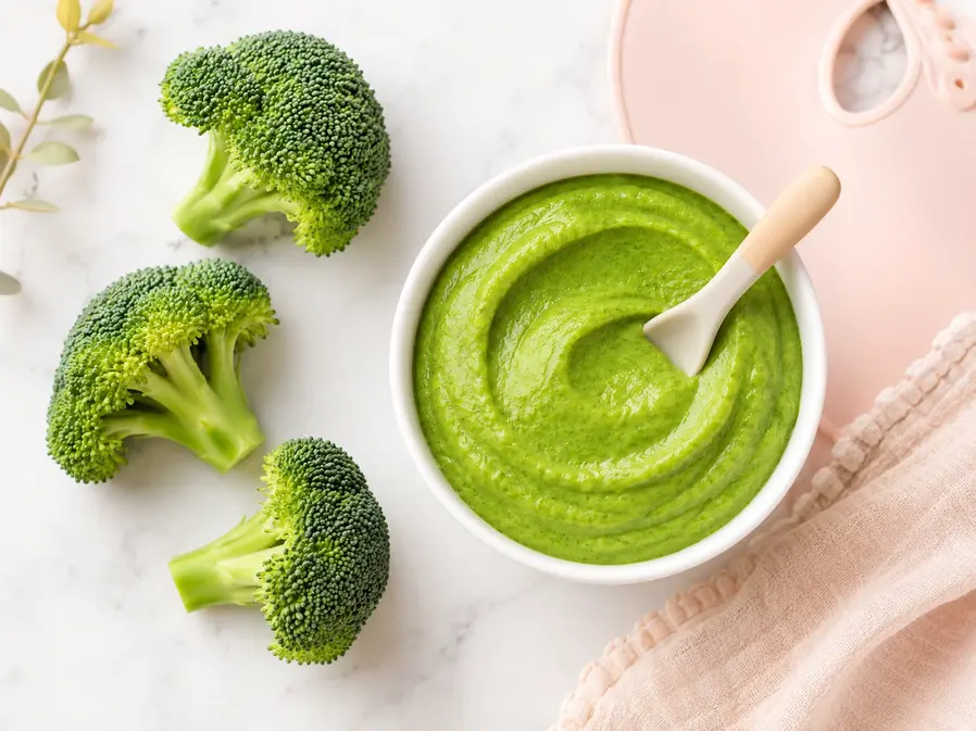 Broccoli puree for babies with fresh broccoli, baby spoon and soft pastel feeding accessories, ideal for a first-time mom baby food guide.