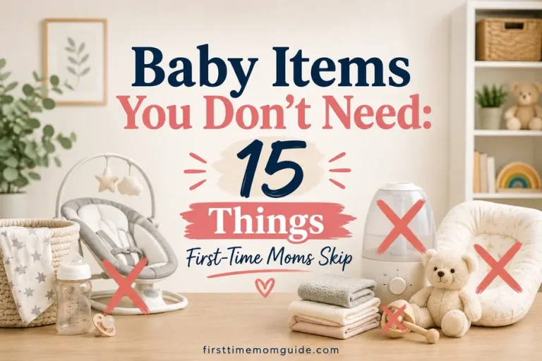 Baby items you don't need displayed in a nursery, highlighting 15 products first-time moms can skip to reduce clutter and simplify baby essentials.
