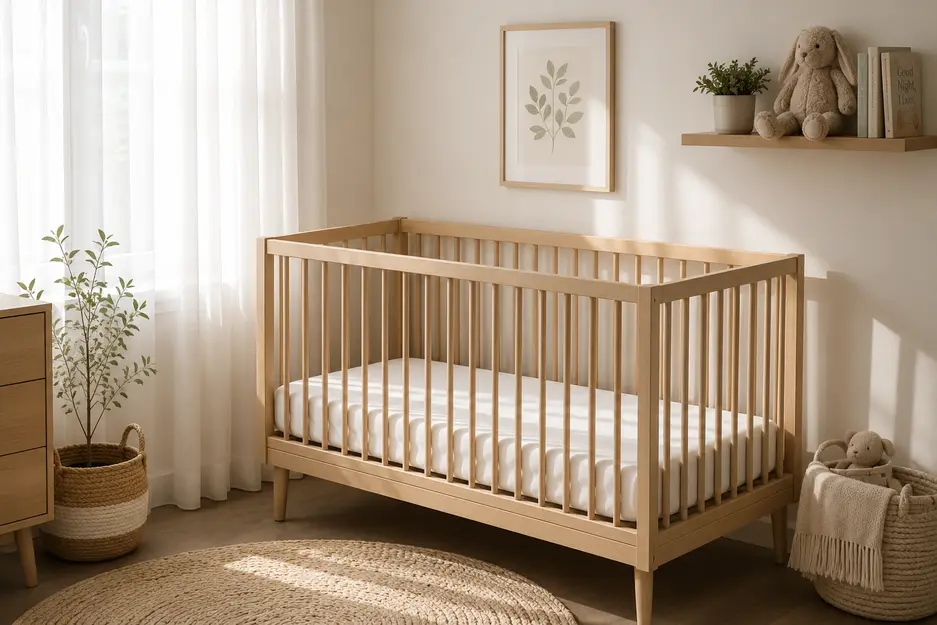 Minimalist nursery with a wooden crib, fitted white sheet, no crib bumper, and soft morning light, creating a calm and safe newborn sleep space.