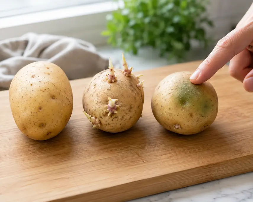 Potato puree for baby safety check showing a fresh potato beside sprouted and green potatoes that should be avoided when preparing baby food.