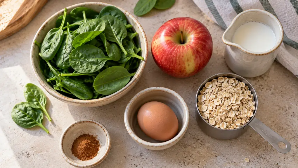Spinach apple pancakes for babies ingredients with fresh spinach, red apple, rolled oats, egg, milk and cinnamon arranged on a kitchen counter.