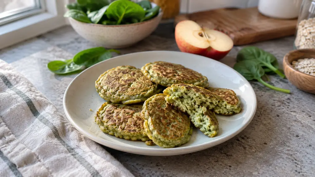Spinach apple pancakes for babies served on a cream plate with fresh spinach, red apple and oats in a naturally lit home kitchen, soft and homemade.