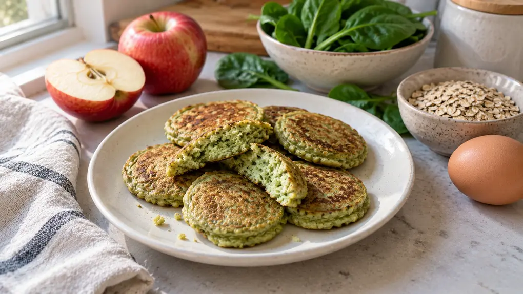 Spinach apple pancakes for babies served with fresh spinach, red apple, rolled oats and egg in a naturally lit home kitchen breakfast scene.