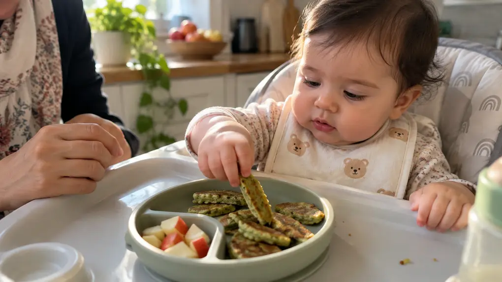 Baby enjoying spinach apple pancakes for babies in a high chair, reaching for a soft pancake strip during a naturally lit family kitchen meal.